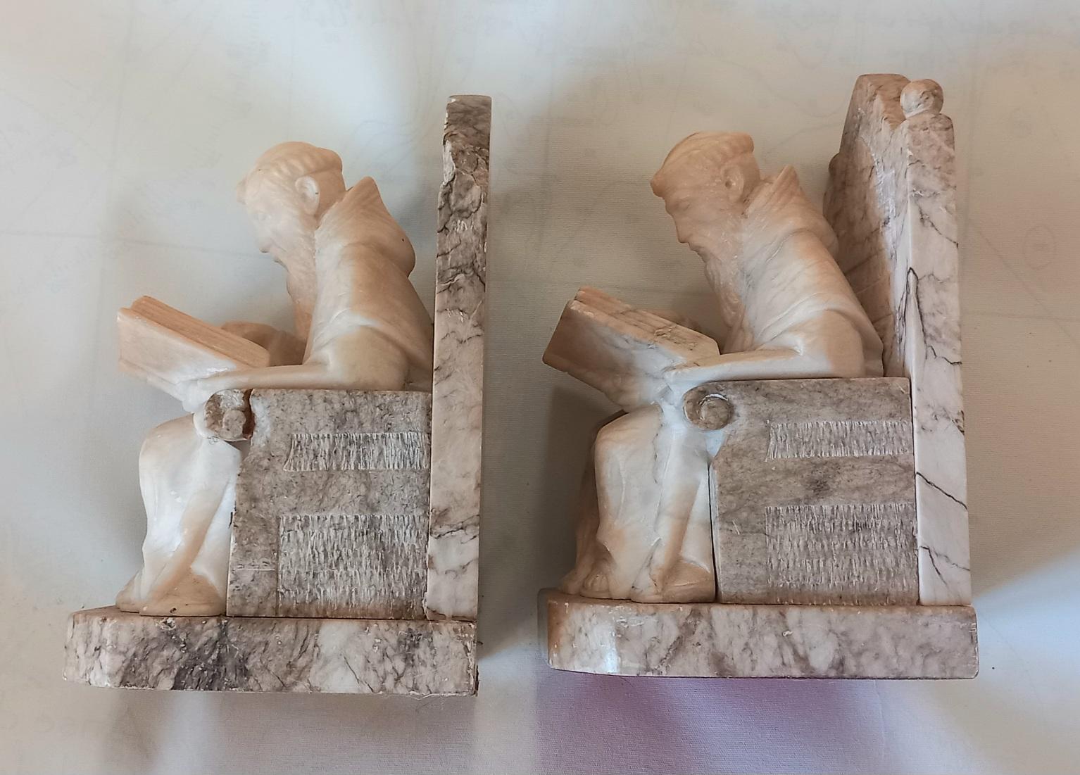  Bookends in Form of Renaissance Monk Library Natural Alabaster and Marble  For Sale 1