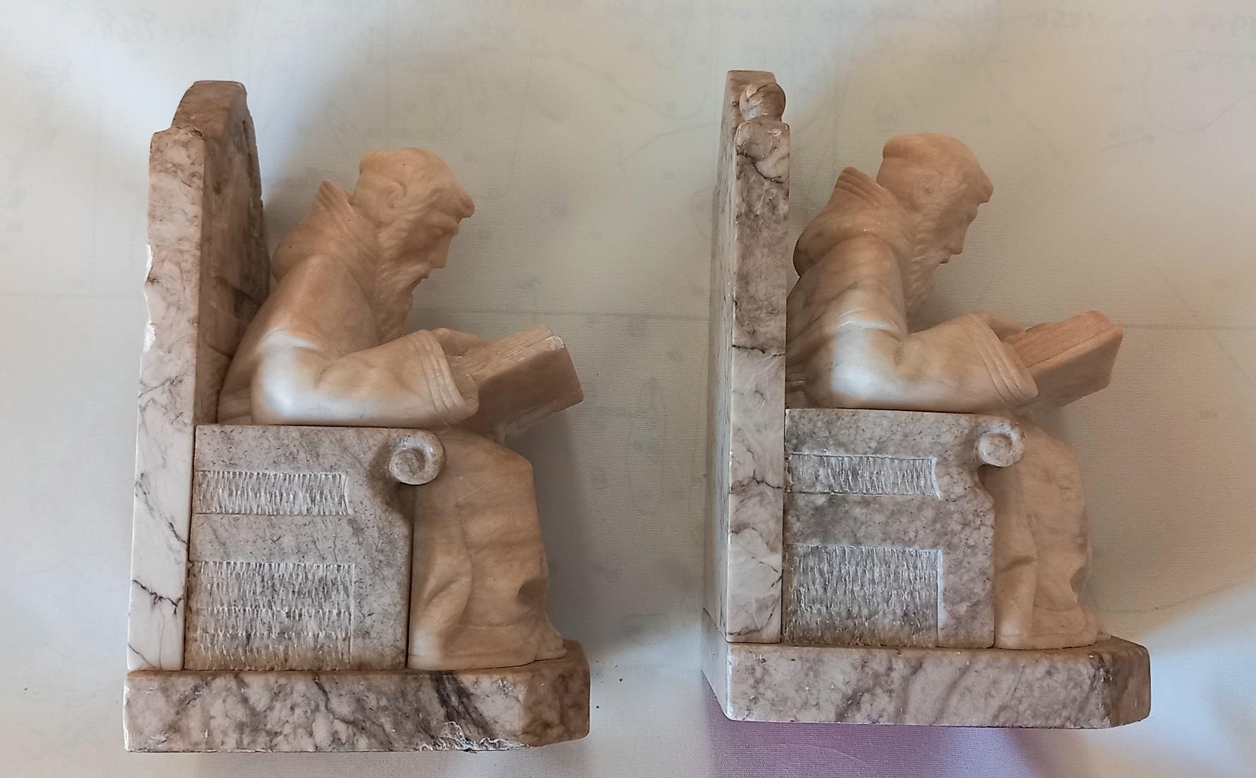  Bookends in Form of Renaissance Monk Library Natural Alabaster and Marble  For Sale 2