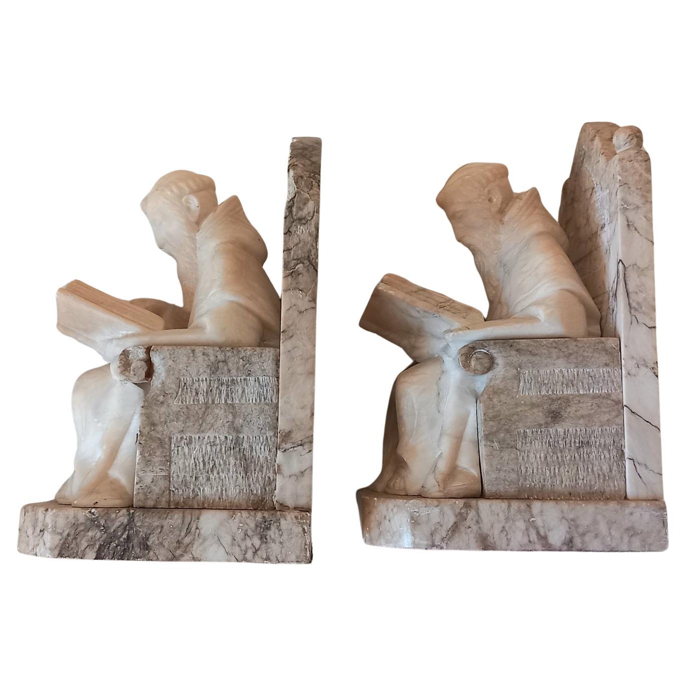  Bookends in Form of Renaissance Monk Library Natural Alabaster and Marble  For Sale