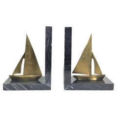 Vintage Bookends Marble and Brass Sailboat, 1970s, Mid-Century 