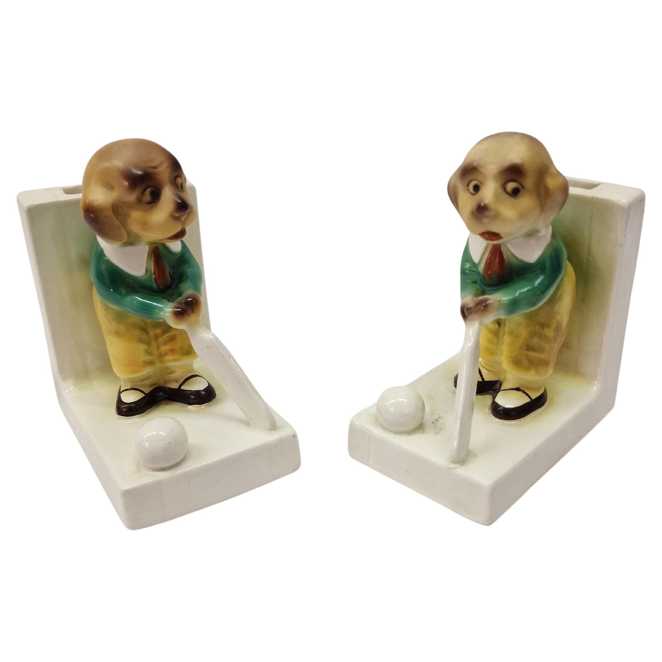 Bookends pair of cricket-playing dogs, porcelain, Art Deco, before 1923, England