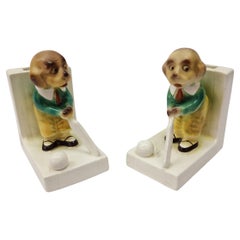 Used Bookends pair of cricket-playing dogs, porcelain, Art Deco, before 1923, England