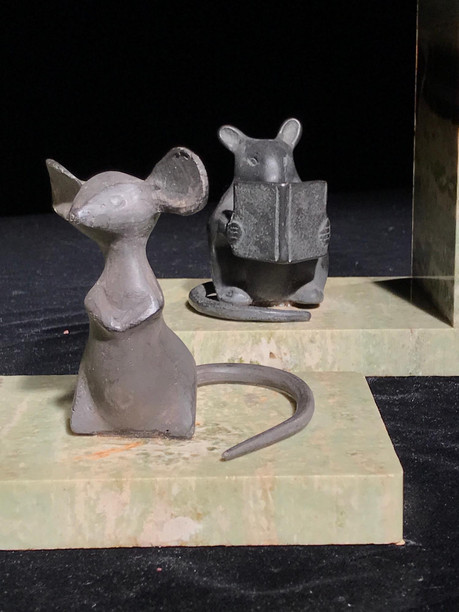 Cast Bookends Sculpture Mouse Bronze Marble Art Deco Playful Knowledge For Sale