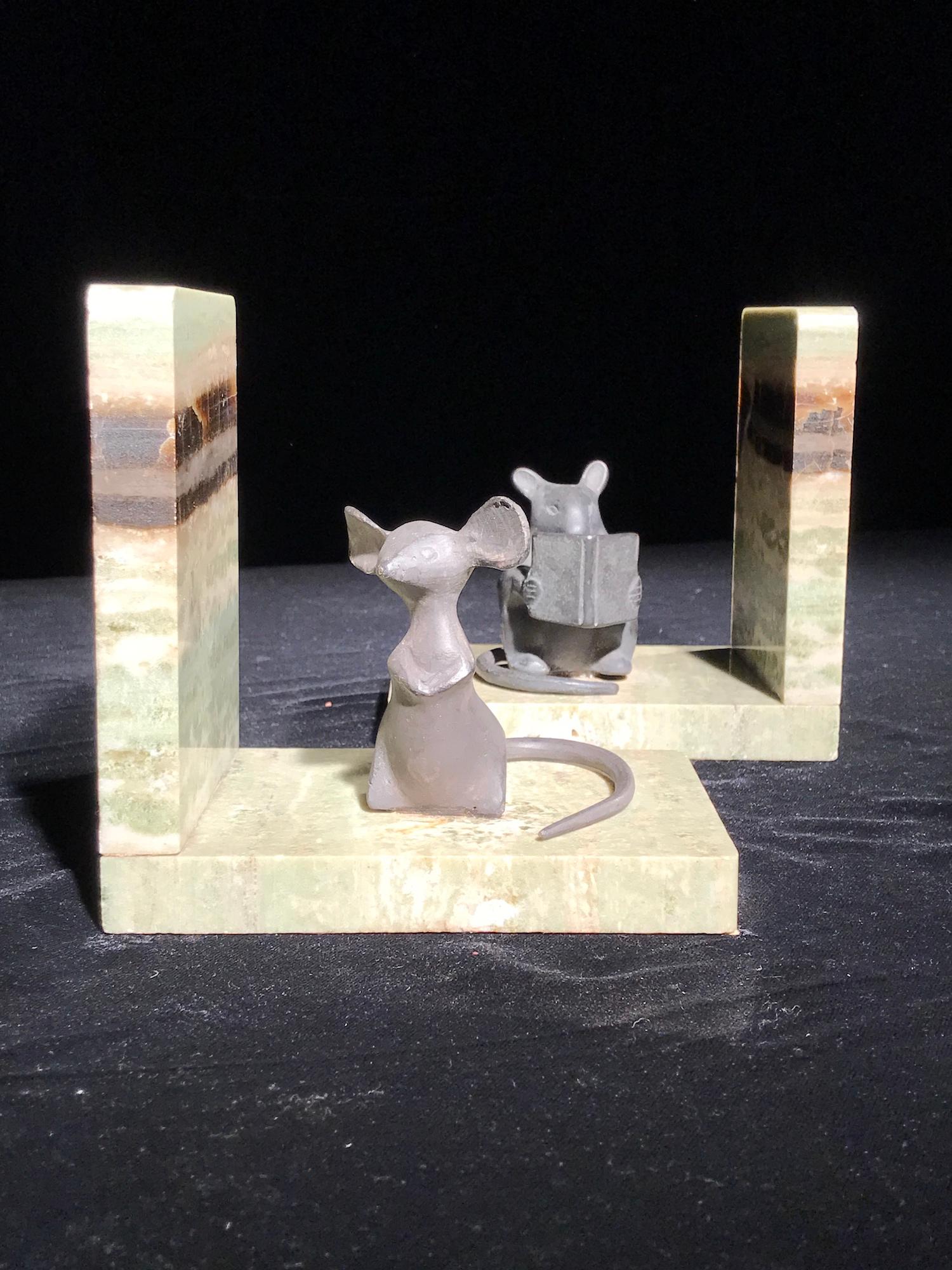 Bookends Sculpture Mouse Bronze Marble Art Deco Playful Knowledge For Sale 2