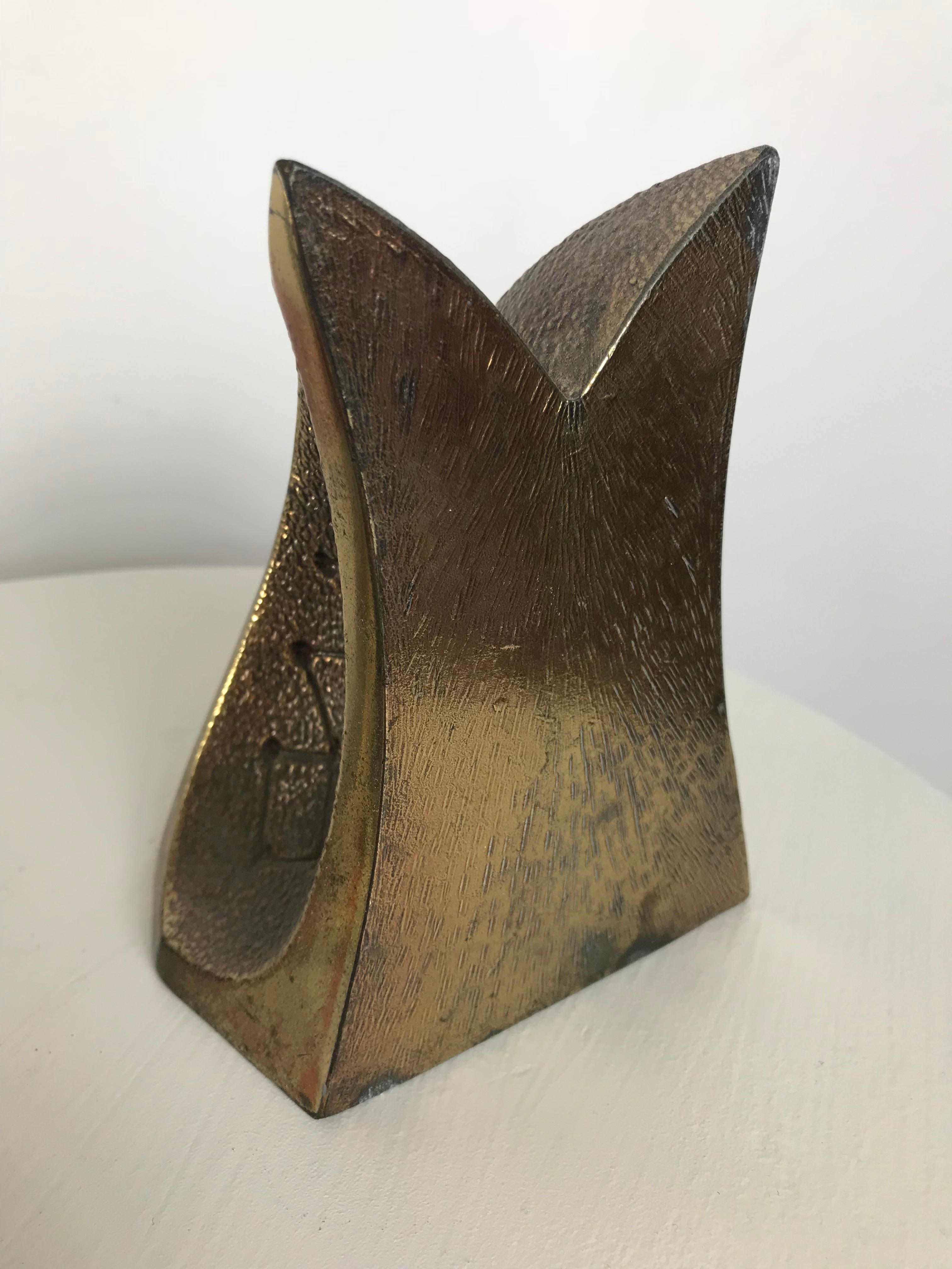 Metal Mid Century Modern Bookends with Etched Modernist Designs After Ben Seibel