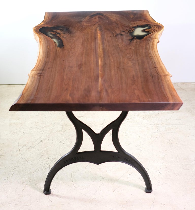 Bookmatched Live Edge Walnut Table Legs Industrial Cast Iron For Sale