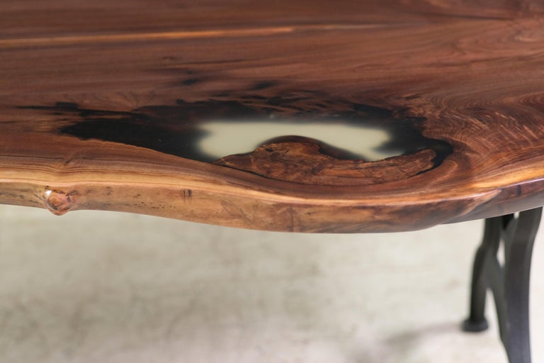 Bookmatched Live Edge Walnut Table Legs Industrial Cast Iron For Sale