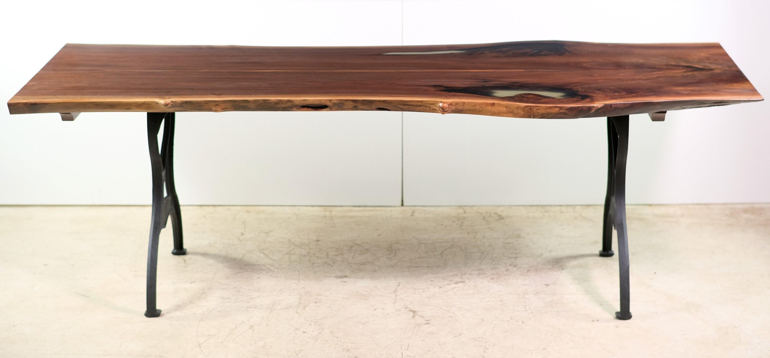 Bookmatched Live Edge Walnut Table Legs Industrial Cast Iron In New Condition In New York, NY