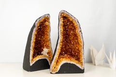 Bookmatched Pair of Natural Citrine Geodes with Rich Cognac-Orange Druzy