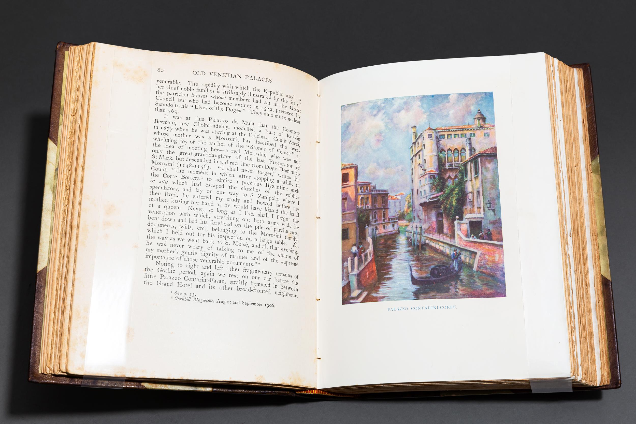 1 Volume. Thomas Okey. The Old Venetian Palaces and Old Venetian Folk. With Fifty Colored & other Illustrations. Bound in 3/4 brown morocco, marbled boards and endpapers, top edges gilt, raised bands, gilt panels.(some foxing throughout text).