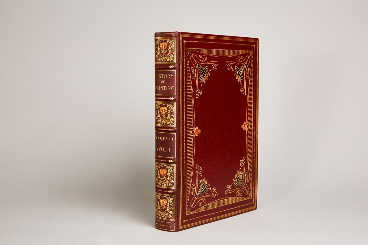 8 volumes. A history of painting. With a preface by Frank Brangwyn. Published: Boston: D.D. Nickerson and Company and Company. Circa 1900s. Illustrated with 250 plates in color. Exquisitely Bound in full wine morocco with elaborate leather and silk