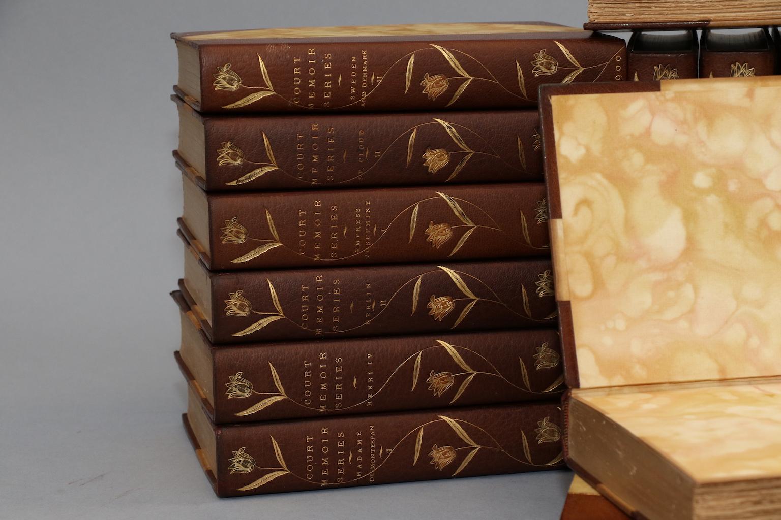 20 volumes. Titles include Louis XV-XVI, Empress Josephine, Henry IV, Marie Antoinette, etc. Bound in 3/4 tan Morocco with marbled boards, top edges gilt, and ornate floral gilt on spines. Beautifully illustrated! Published in Boston by L.C. Page &