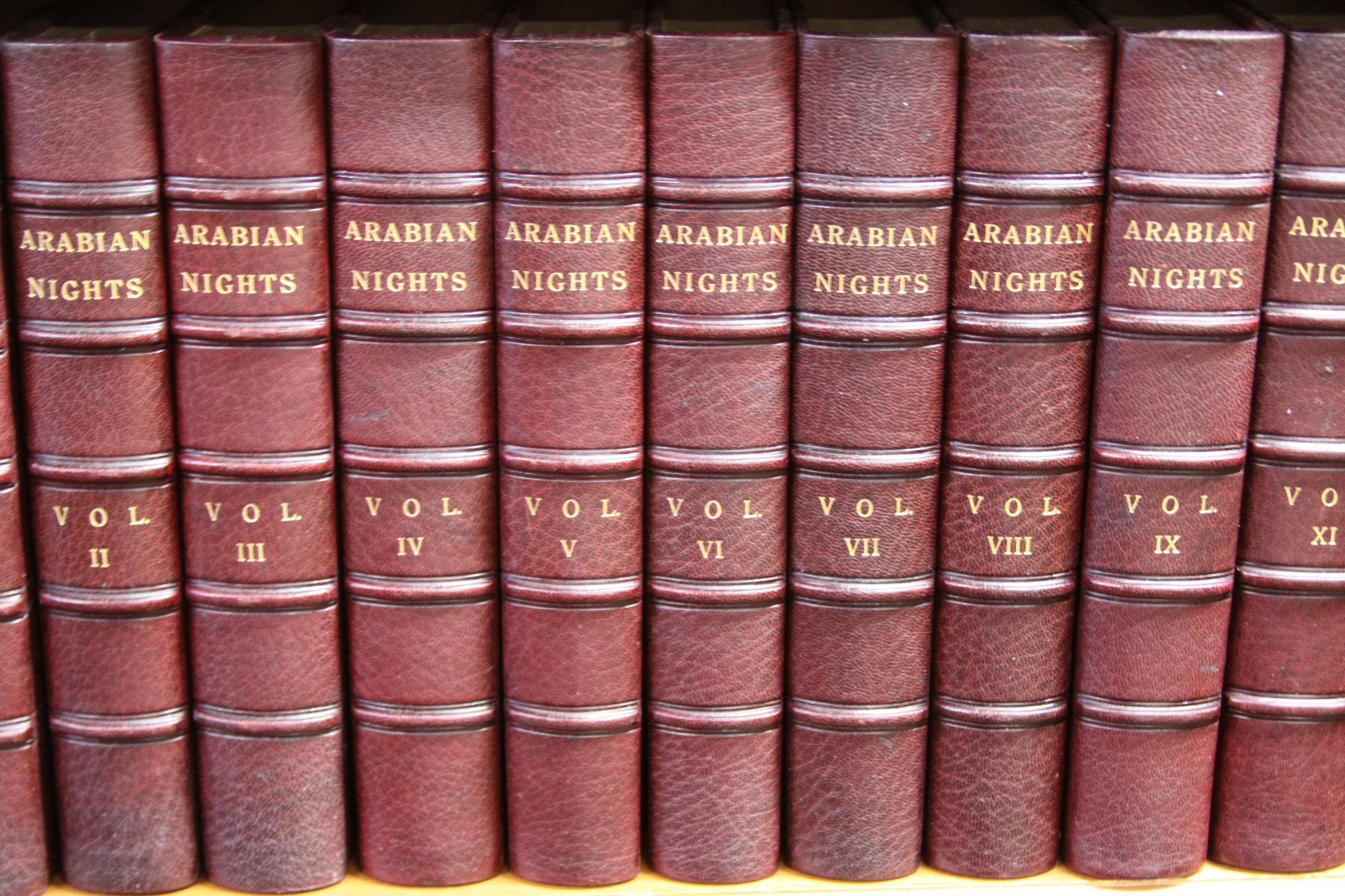 Twelve volumes. Thick octavo. Arabian Nights by Richard Francis Burton. Published Benares Kamashastra Society 1885. Printed for private subscribers only. Profusely illustrated. (This edition is a reprint of the First Edition).
Bound in three
