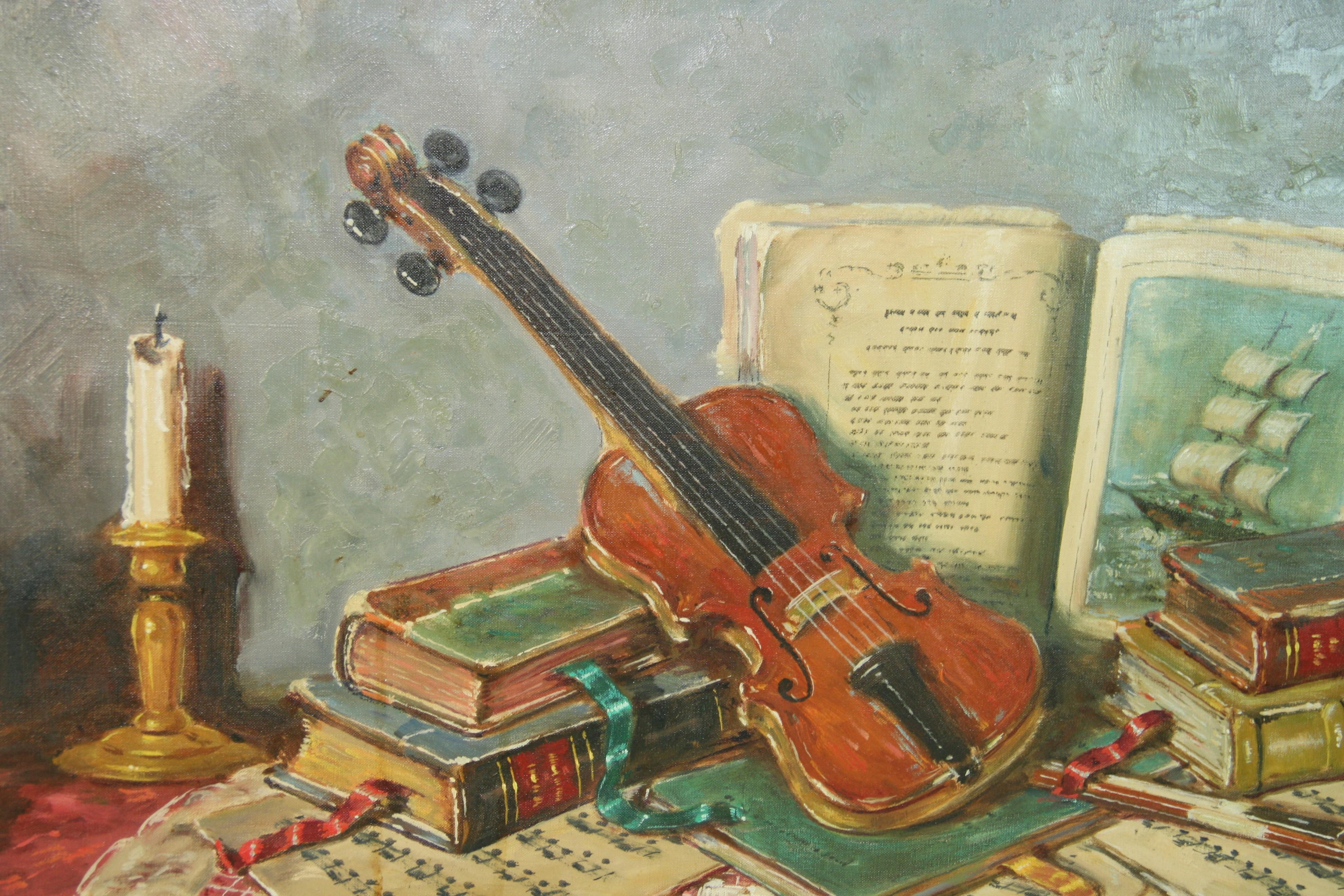 Bücher, Kerze und Geige Bibliothek Stillleben Tischgedeck Ölgemälde im Angebot 4