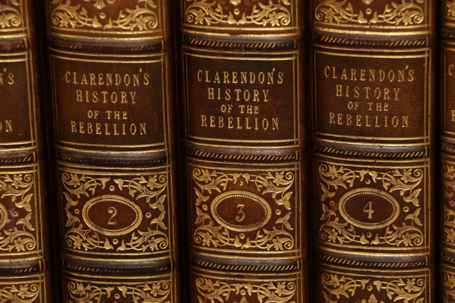 8 volumes. Bound in full tan polished calf with marbled edges, raised bands, and ornate gilt tooling on spines. Published in Oxford by Clarendon Press in 1826.