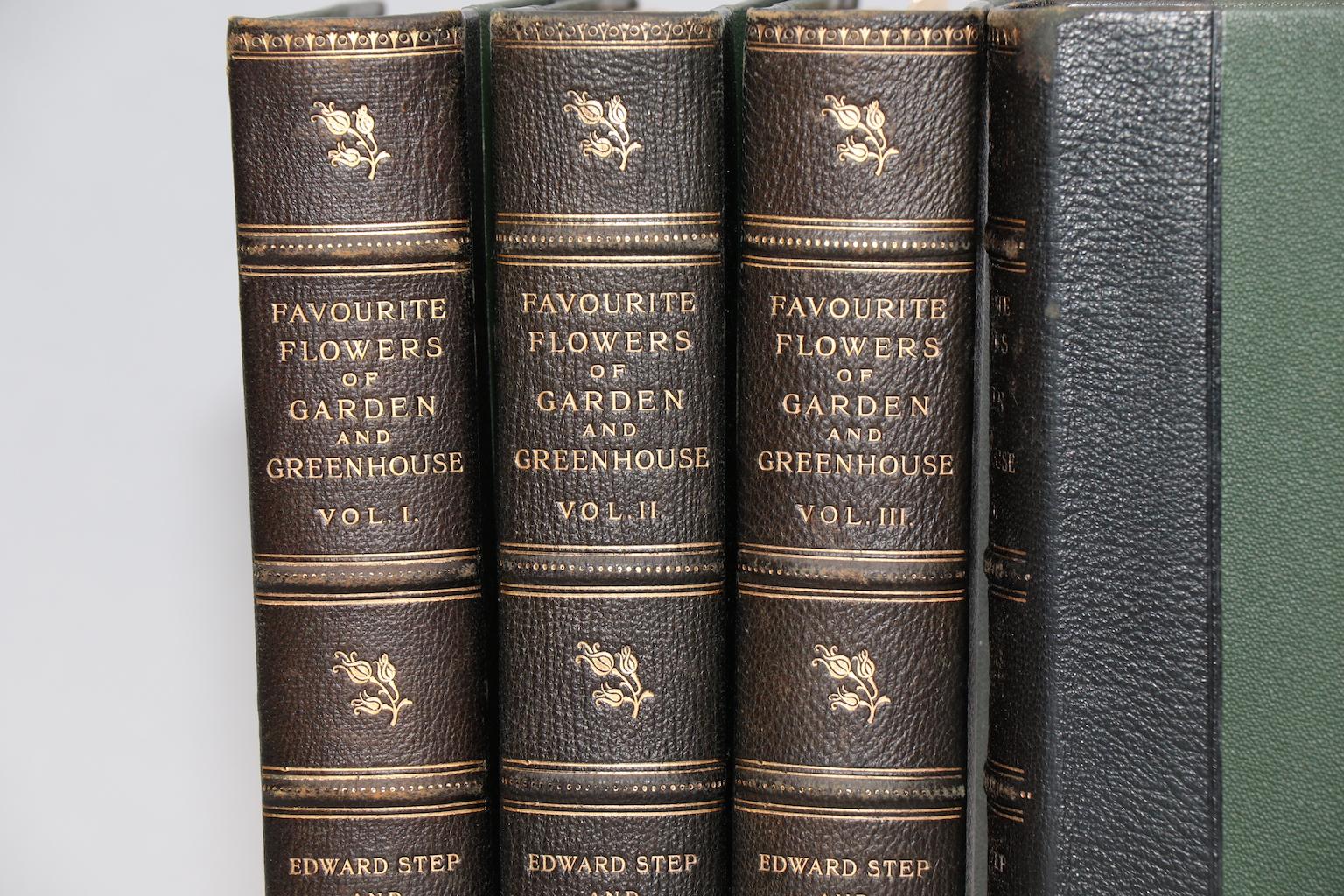 Leatherbound. Four volumes. Bound in three quarter green morocco with top edges gilt, raised bands, and gilt panels. Illustrated with 300 hand-colored plates by D. Bois. Very good. Published in London by Frederick Warne & Co. in 1896.

Botanicals,