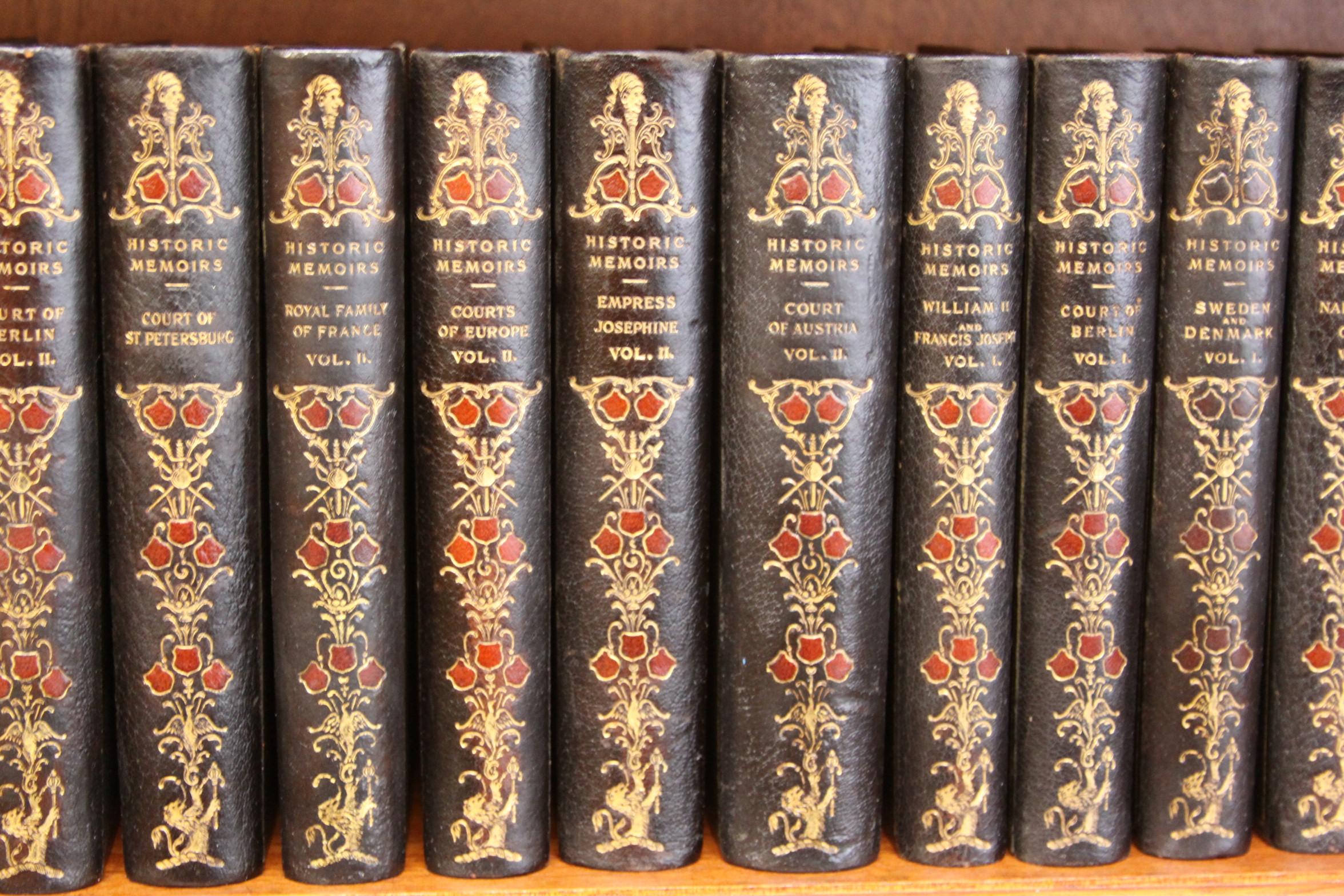 Twenty-four volumes. Historic Memoirs of the Court of Europe from 16th to 19th Century. Various Authors. Published London George Barrie and Sons, 1899. Complete with one hundred-sixty illustrations including hand-colored frontispiece and