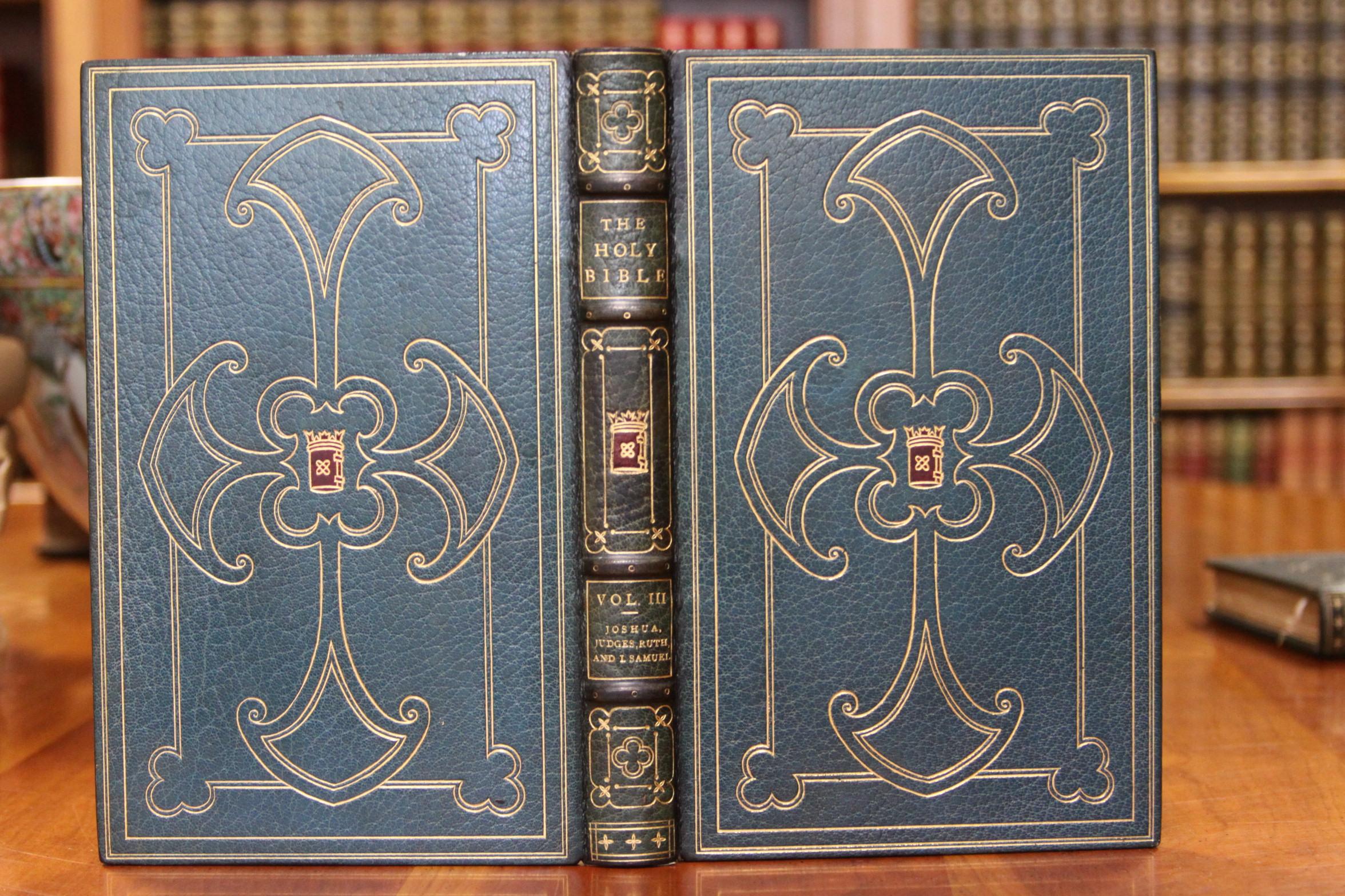 Fourteen volumes. The Holy Bible. Containing the old and new testament and the apocrypha. Printed: R.H. Hinkley Company, Boston, circa 1900s. Illustrated through-out set with title tissue guard.
Bound in full aqua green morocco, gilt Gothic theme