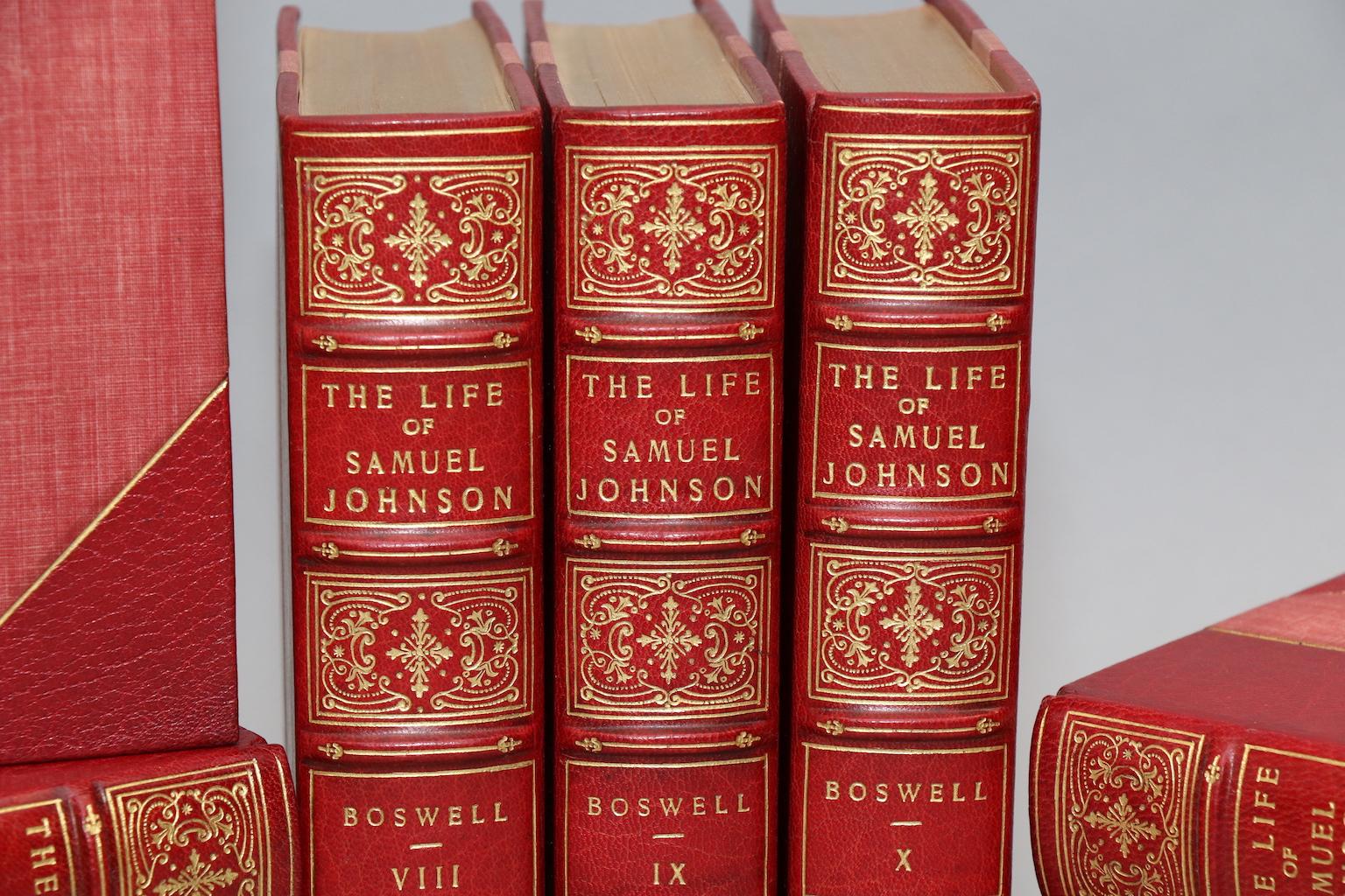 Temple bar edition. Leather bound. Ten volumes. Octavo. Limited to seven-eighty five copies, this is #541. Bound in three quarter red morocco, top edges gilt, raised bands, and ornate gilt tooling on spines. Illustrated pictures. Very good.