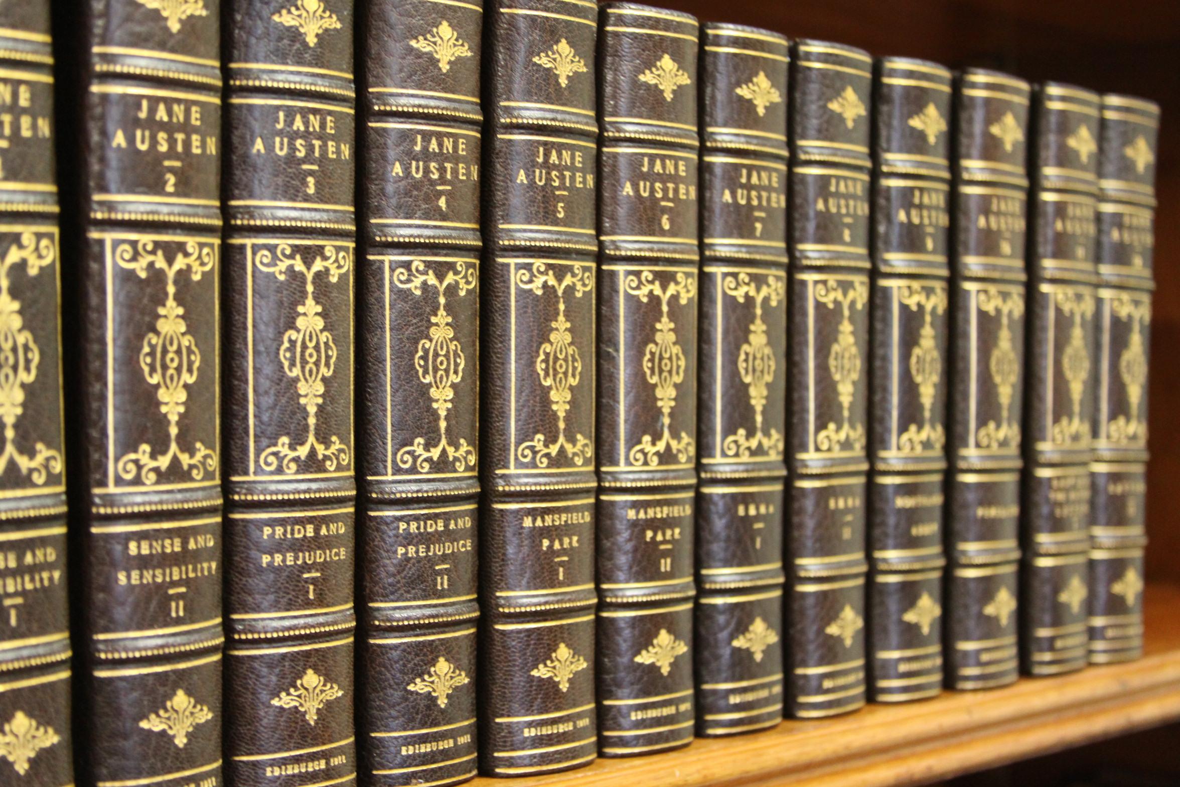 Twelve volumes. The Novels of Jane Austen, [Winchester Edition]. Published: John Grant, Edinburgh Scotland, 1911. Portrait frontispiece with black and red title pages. The complete novels 2 volume Sense and Sensibility, 2 volume Pride and Prejudice,