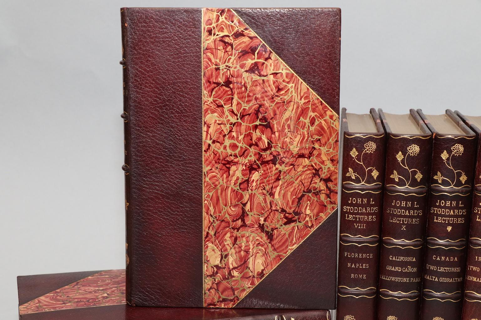 Art Edition with color. Leatherbound. Twelve volumes. Quarto. Limited to five hundred copies which this is #458. Bound in three quarter wine morocco, marbled boards, top edges gilt, raised bands, & gilt panels. Very good. Published in Boston by