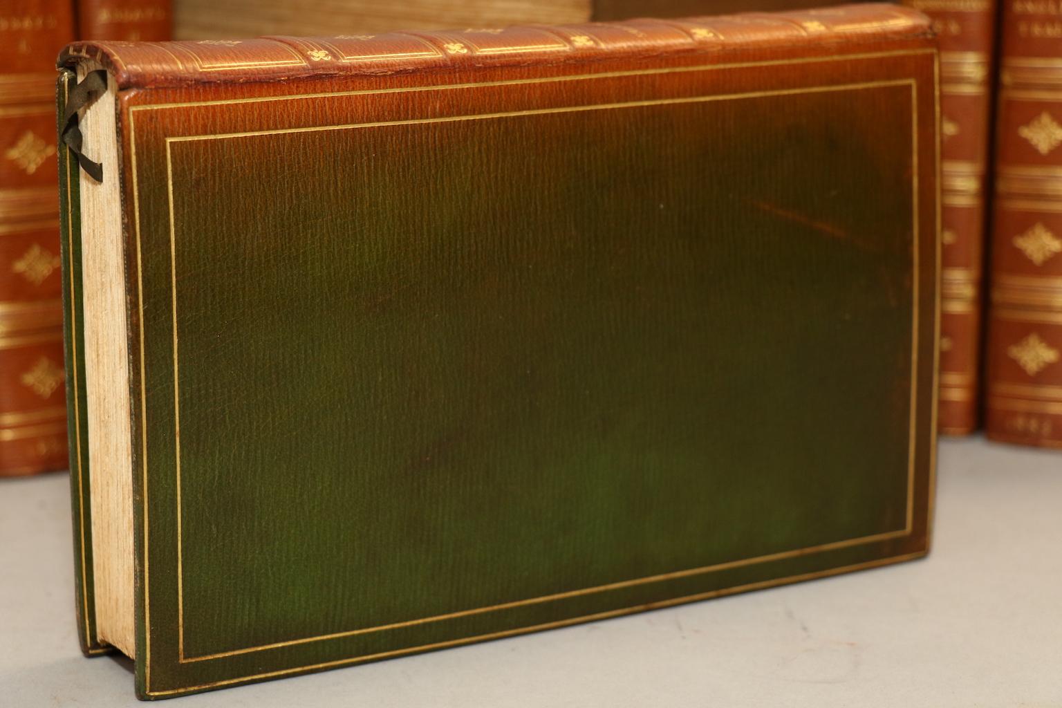 Riverside edition! Limited to 500 copies, this is #286. 11 volumes bound in full green Morocco with top edges gilt, raised bands, & gilt panels on spines. Spines have faded to an even tan color. Includes frontispiece. A very handsome set! Published