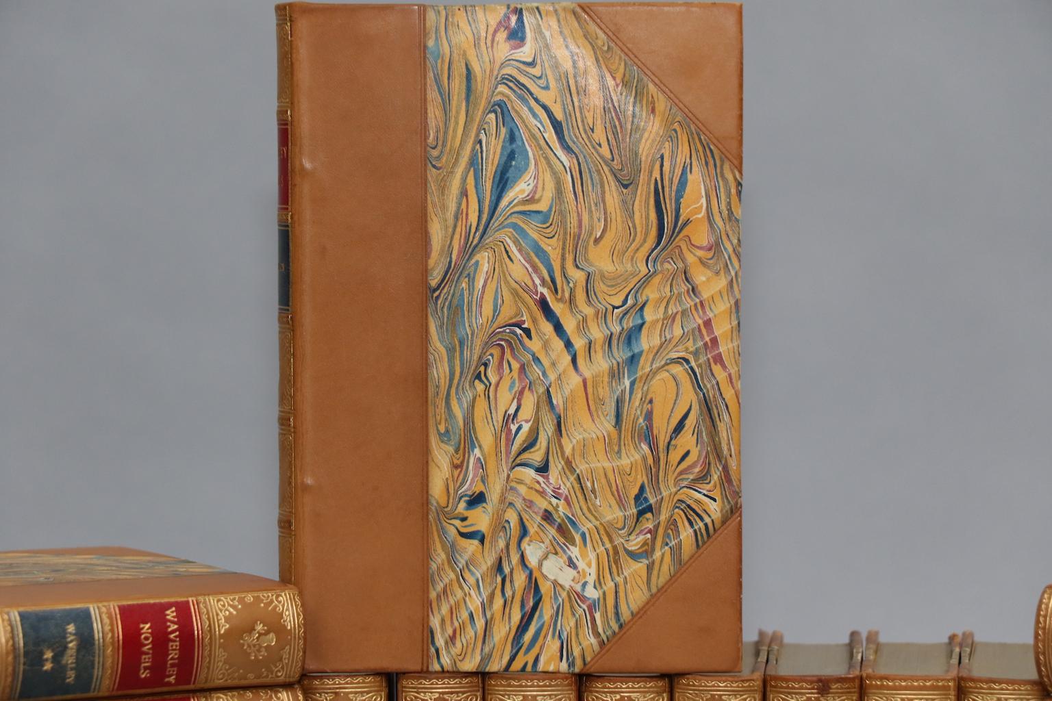 Illustrated cabinet edition. Leatherbound. Forty-eight volumes. Bound in three quarter tan calf with marbled boards, top edges gilt, and raised bands and gilt panels on spine. Very good. Published in Boston by Dana Estes & Co. in 1893.

Not all