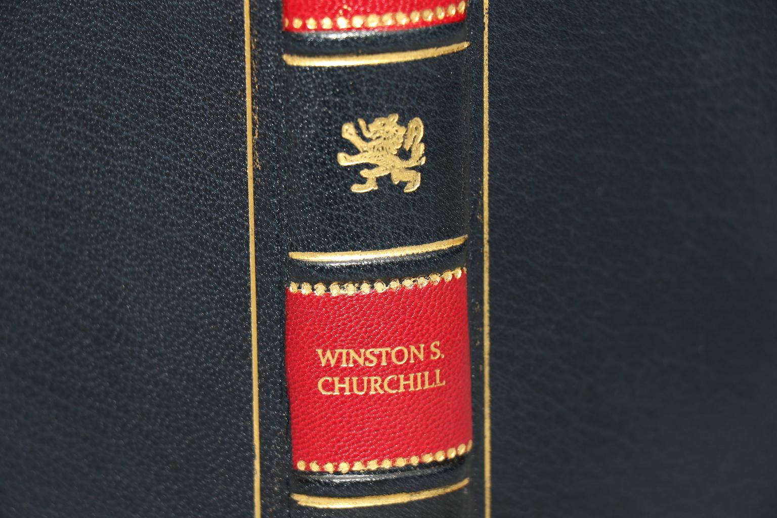 Leatherbound. 12 volumes. Bound in full blue morocco leather with all edges gilt, raised bands, and gilt tooling on spines. Very good. Published in London by Cassell & Co. between 1941 and 1961.

Sir Winston Spencer-Churchill (1874–1965) was a