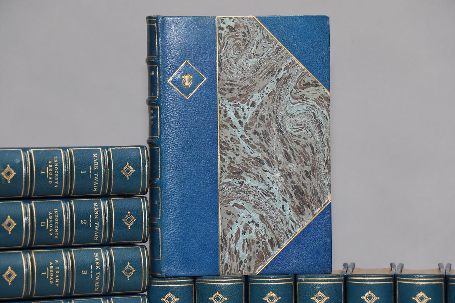 Leather bound. 25 volumes. Bound in three-quarter turquoise morocco leather with marbled boards, top edges gilt, raised bands, and gilt panels on spines. Illustrated throughout. A handsome set of a classic American author! Very good. Published in