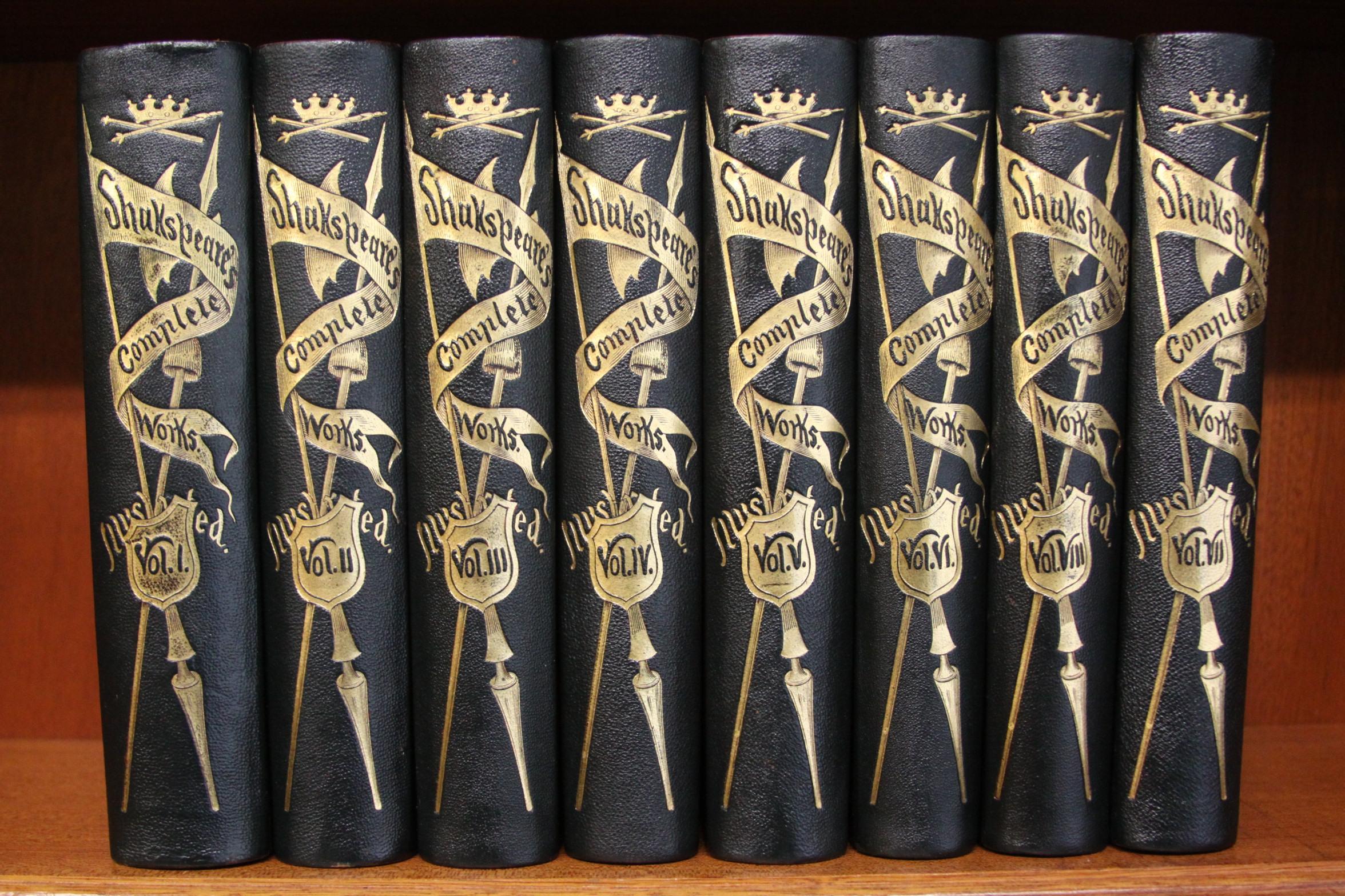 Eight volumes. The Dramatic Works and Plays of William Shakespeare , Illustrated: Embracing a life of the poet and notes original and selected. Published: Boston Phillips, Sampson and Company. 1850.
Beautifully bound in full black morocco, cover