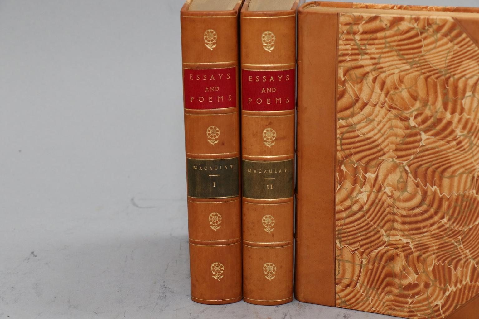 Leatherbound. 3 volumes. Bound in three quarter tan calf with marbled boards, top edges gilt, red and green labels, and gilt panels on spines. Very good. Published in Philadelphia by David McKay. N.D., circa 1900.

All listed dimensions are for a