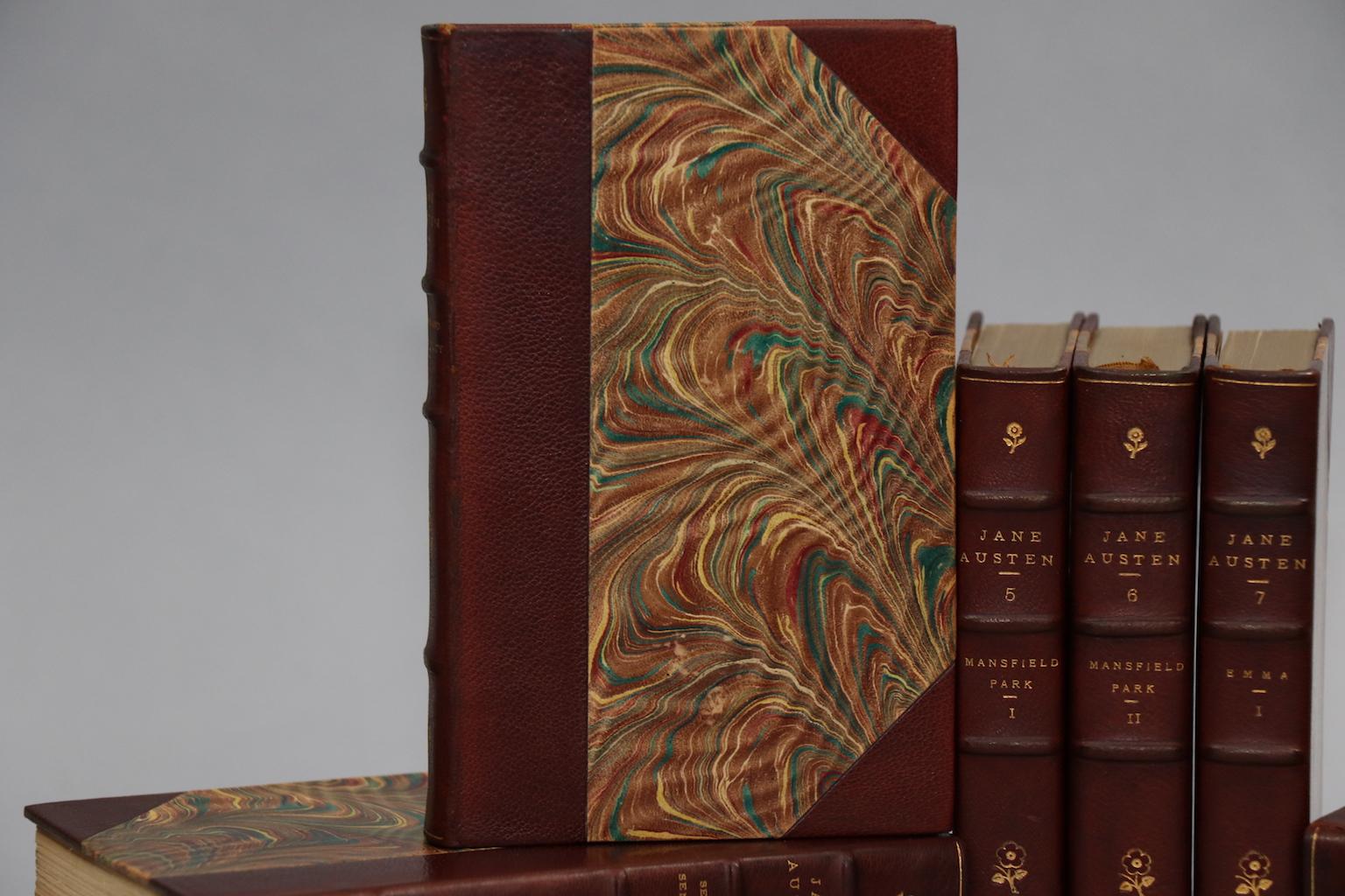 Winchester Edition. Leatherbound. Ten volumes. Small octavo. Limited to 250 copies, this is #114. Bound in three quarter brown morocco, marbled boards, top edges gilt, and raised bands & gilt tooling on spines. Illustrated by C.E. & H.M. Brock in