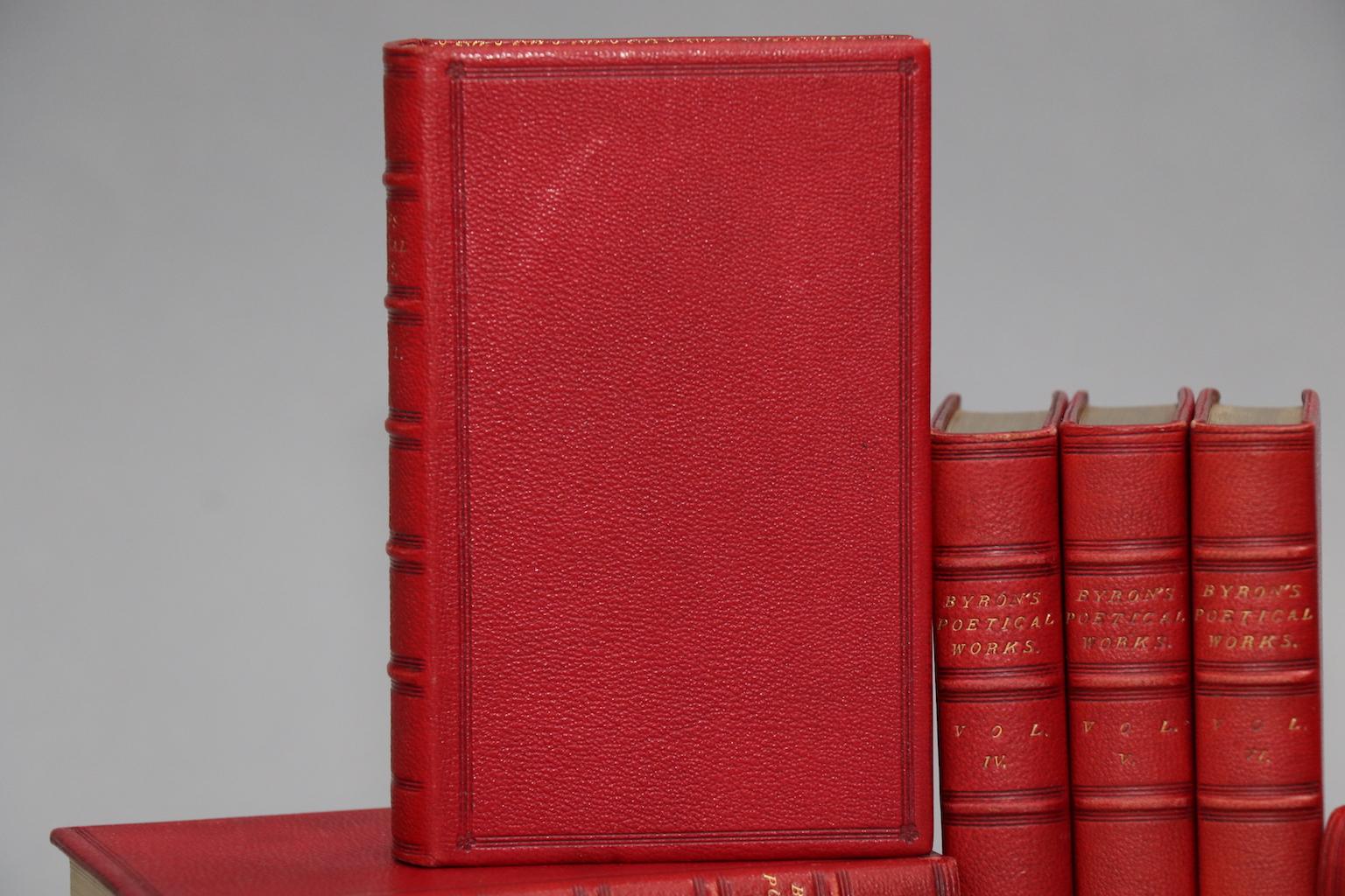 10 volumes. Small octavos. Bound in full red morocco leather with raised bands on spines and all edges gilt. Also illustrated throughout. Very good. Published in London by John Murray in 1878.

Lord Byron (1788-1824) was an English poet, peer, &