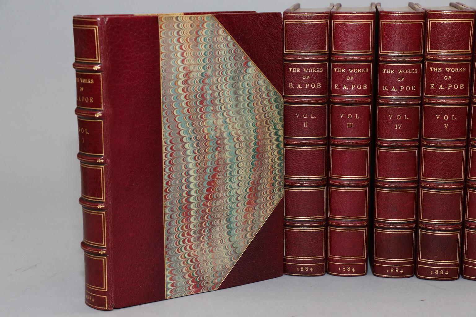 8 volumes. The Amontillado Edition! Limited to 315 copies, this is #254. Bound in 3/4 wine Morocco by Sangorski and Sutcliffe with top edges gilt, raised bands, and gilt panels. Illustrated. Published in New York by George P. Putnam's Sons in 1884.