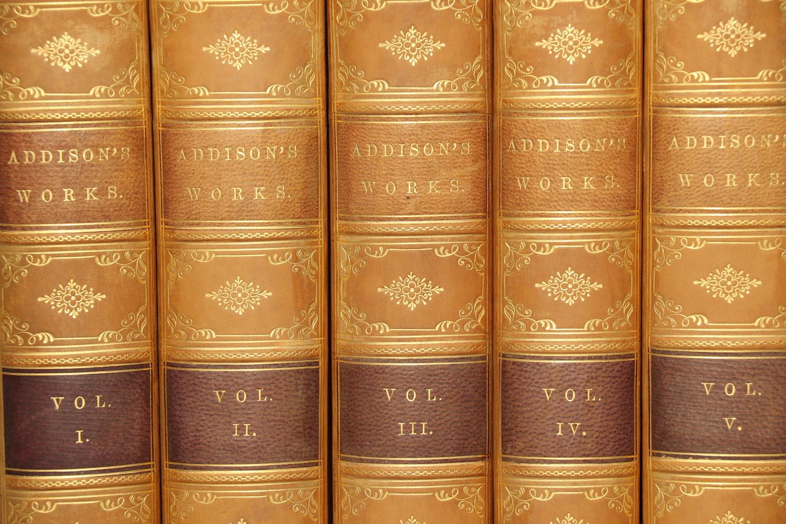Leather bound. Six volumes. Octavo. Bound in tree quarter tan calf with marbled edges, raised bands, & gilt panels. Very good. Published in Philadelphia by J.B. Lippincott & Co. in 1867.

All listed dimensions are for a single