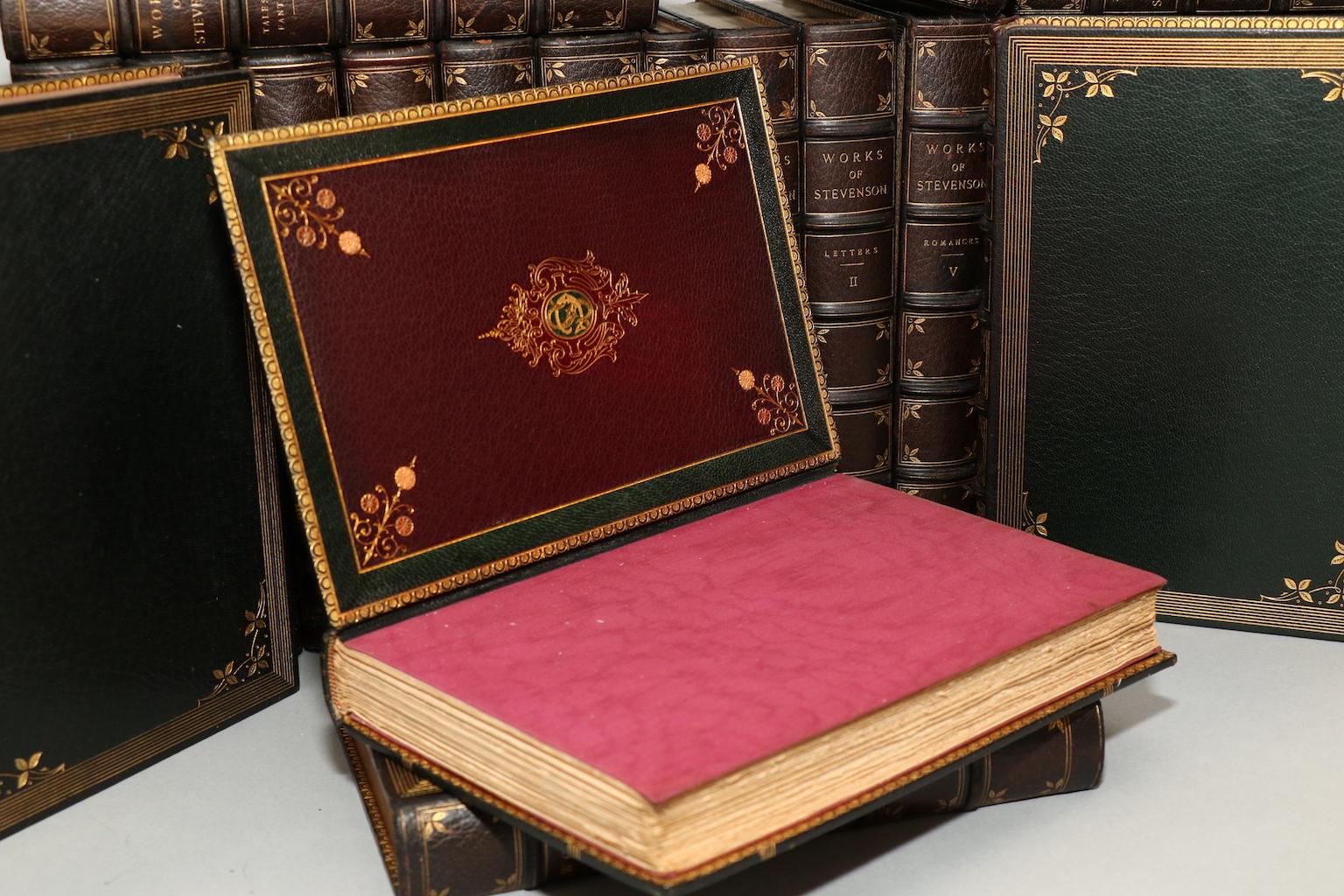 32 volumes. Edinburgh Edition! Bound in full green Morocco with elaborate leather & silk doublunes. By the Monastary Hill Bindery. Top edges gilt with raised bands and gilt on covers and spines. Published in Edinburgh in 1894 by T. & A. Constable