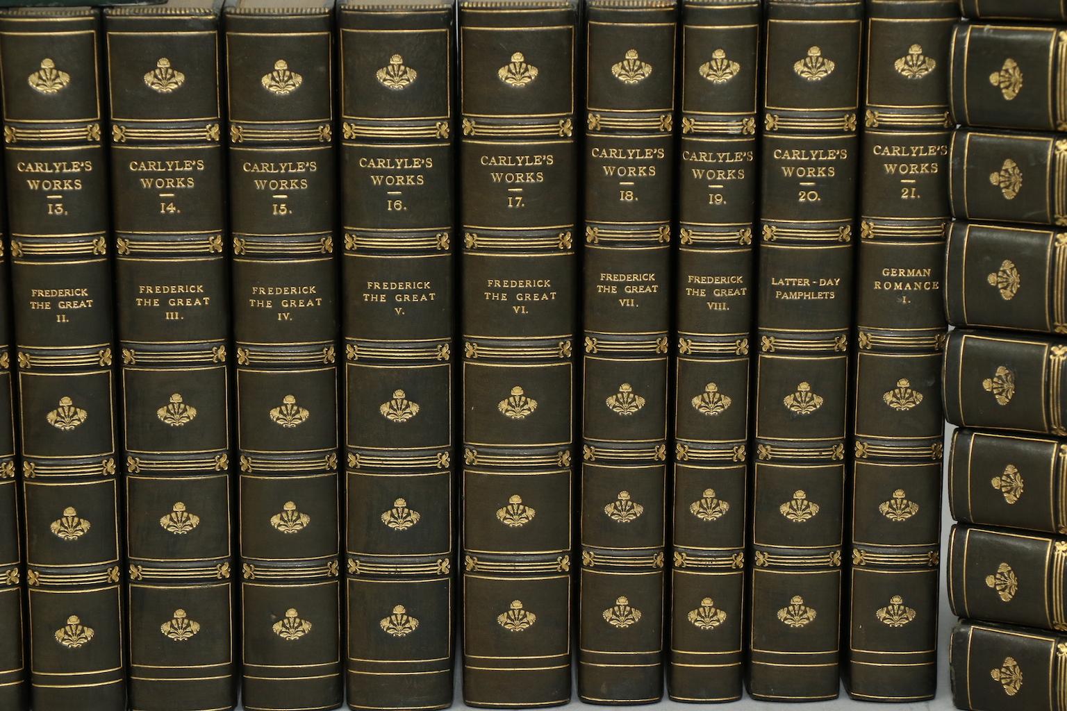 Leatherbound. Thirty volumes. Octavo. Bound in three quarter green calf by Morrell Binders, top edges gilt, raised bands, and gilt panel. Very good. Published in London by Chapman and Hall in 1831.

All listed dimensions are for a single
