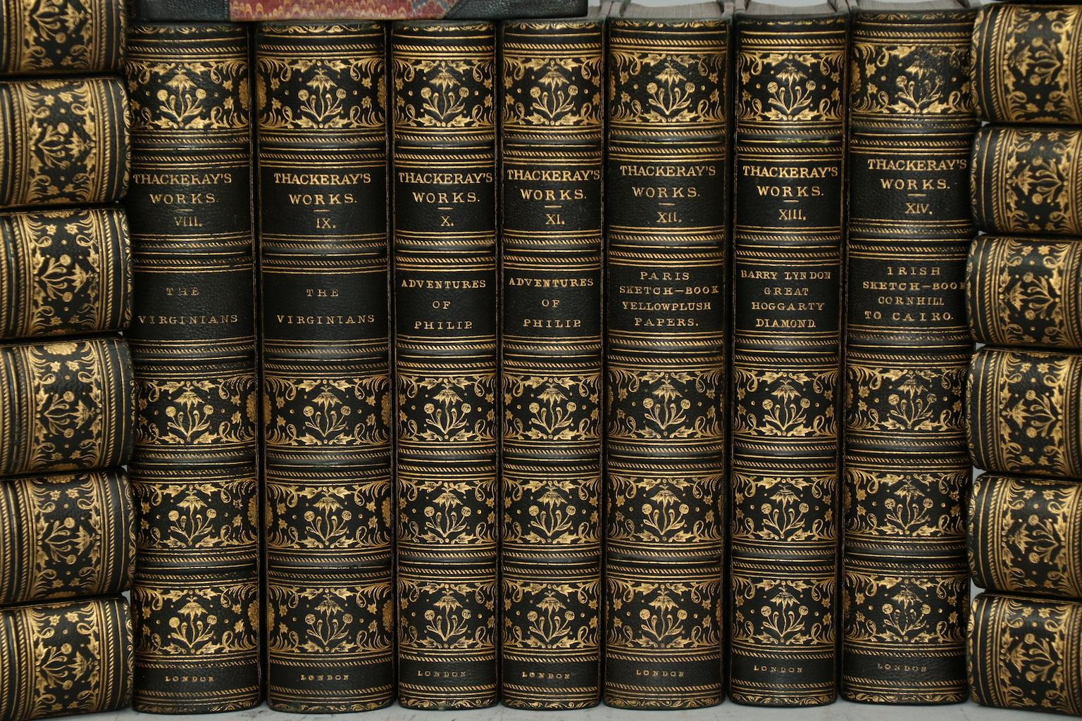 Leatherbound. 22 volumes. Octavo. Bound in half contemporary green morocco with spines gilt with floral and Rococo in compartments, marbled boards and endpapers, & profuse illustration throughout. Very good. Published in London by Smith, Elder, &
