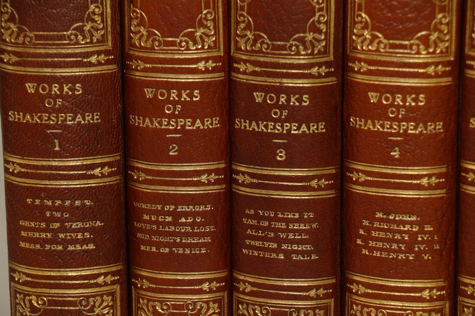 8 volumes. Bound in full tan Morocco with marbled egdes and ornate gilt on covers & spines. Very good. Published in London by Chapman and Hall in 1875.