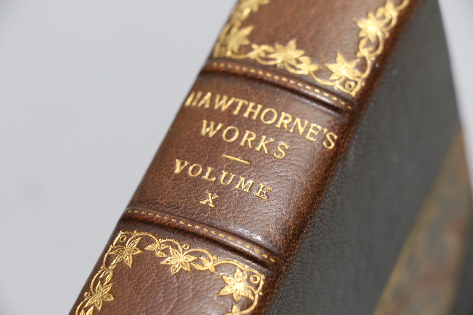 Books, The Writings of Nathaniel Hawthorne. Edited with Preface and Notes by Julian Hawthorne.

24 volumes. Octavos. Large Paper Edition. Limited to five hundred copies, this is #273. Bound in three-quarter grey morocco leather with marbled