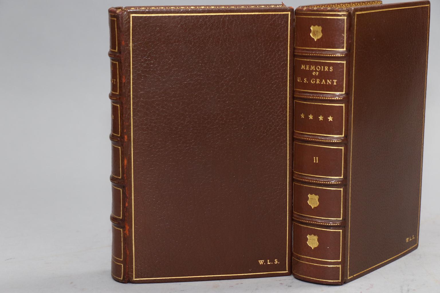 First Edition. Leatherbound. Two volumes. Bound in full brown morocco with top edges gilt, raised bands on to spine, and gilt panels. Very good. Published in New York by Charles L. Webster & Co. in 1885.

All listed dimensions are for a single
