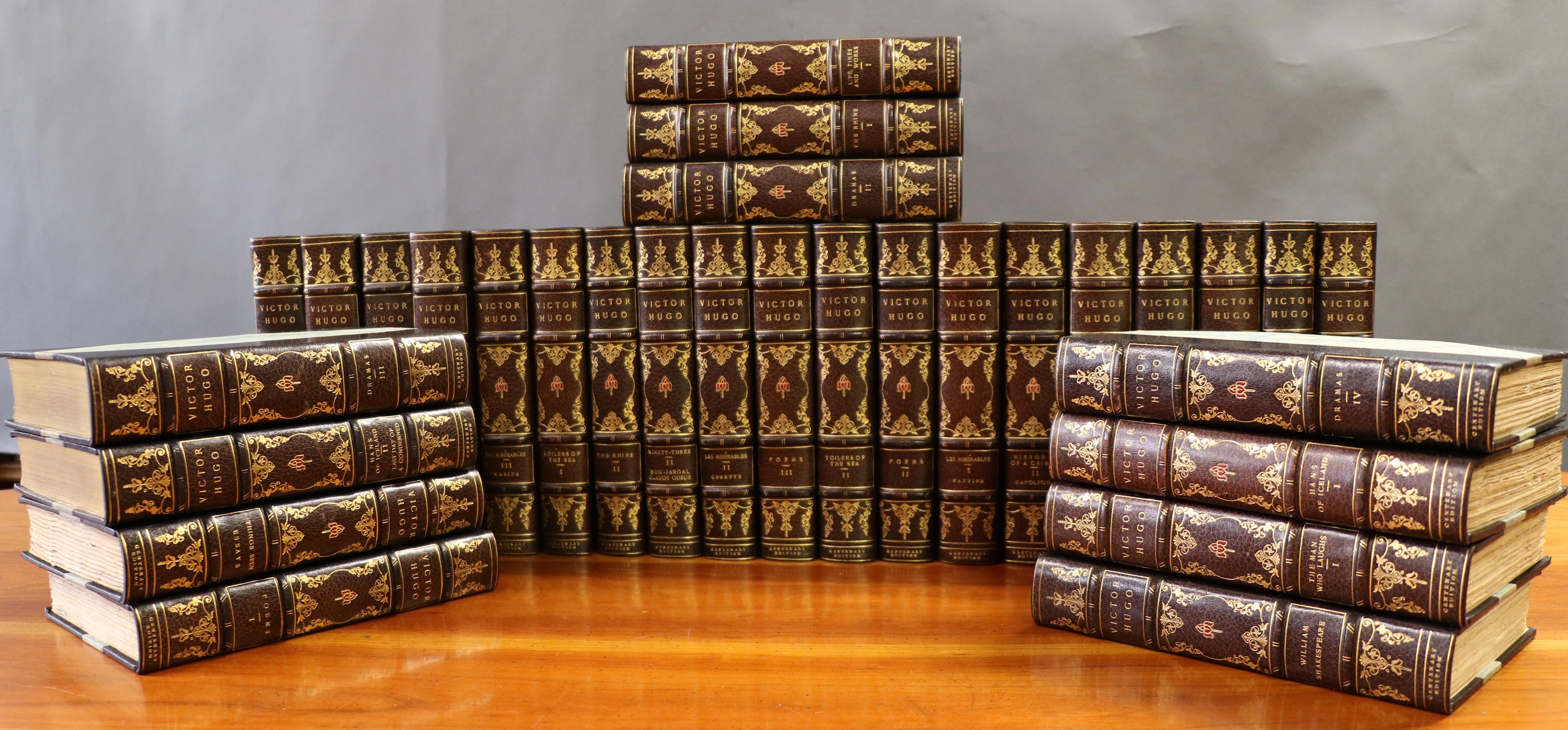 Victor Hugo novels, The Centenary Edition, limited to 1000 copies, 30 volumes
Illustrated, bound in 3/4 wine Morocco, marbled boards, top edges gilt, raised bands, gilt tooling on spines.
Pub. Boston: Dana Estes & Co. n.d., circa 1900.