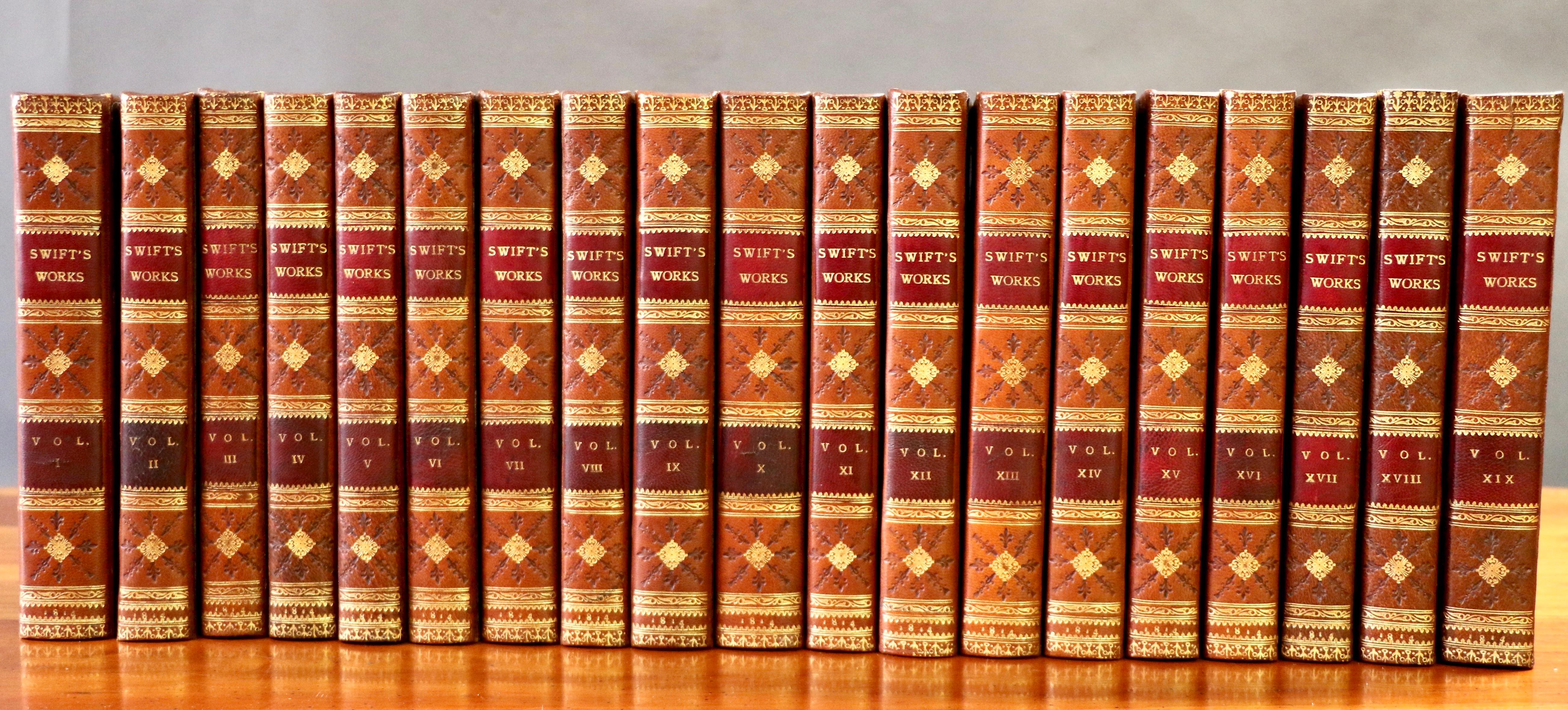 Works of Jonathan Swift Works, 19 volumes
Bound in full tan calf, spines neatly repacked, labels.
Published Edinburgh 1814.