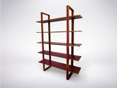 Italian Mid-Century Bookshelf in Brass and Red Lacquered Wood, Romeo Rega, 1970s