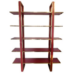 Vintage Italian Mid-Century Bookshelf in Brass and Red Lacquered Wood, Romeo Rega, 1970s