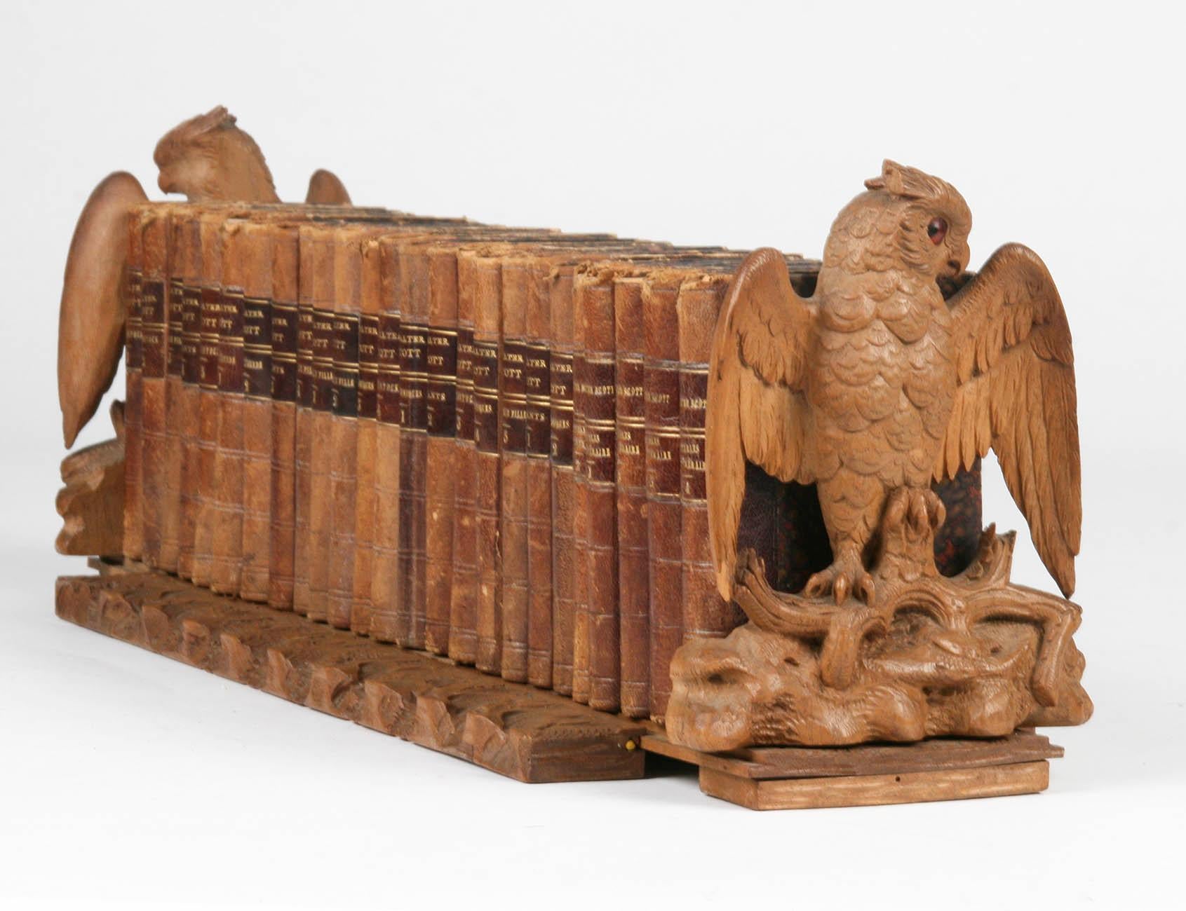 German Bookshelf or Bookends, Black Forest Owls with Leather Covered Books