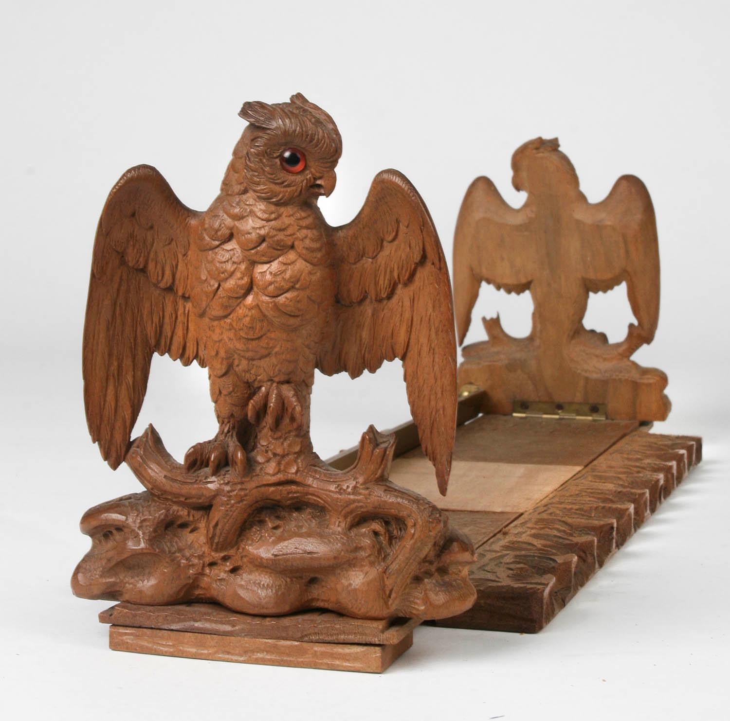 Carved Bookshelf or Bookends, Black Forest Owls with Leather Covered Books