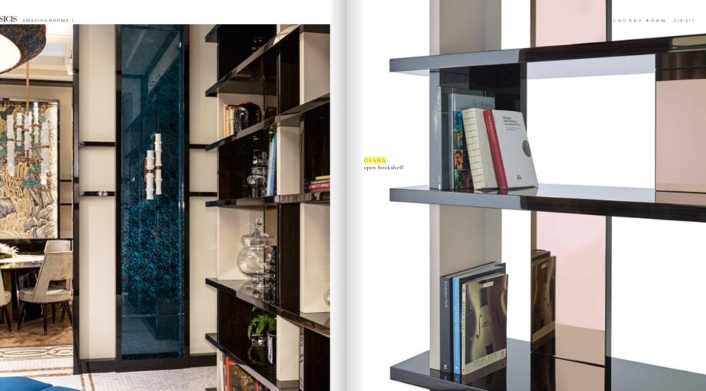 Italiano Libreria con finitura ebano lucido Schienale e inserti laterali in pelle e specchio bronzato in vendita