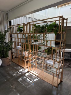 Bookshelf, Solid Wood Linear Design, Natural Oak Structure, Glass Shelves, Italy