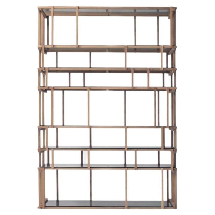 Bookshelf, Solid Wood Linear Design, Natural Oak Structure, Glass Shelves, Italy For Sale